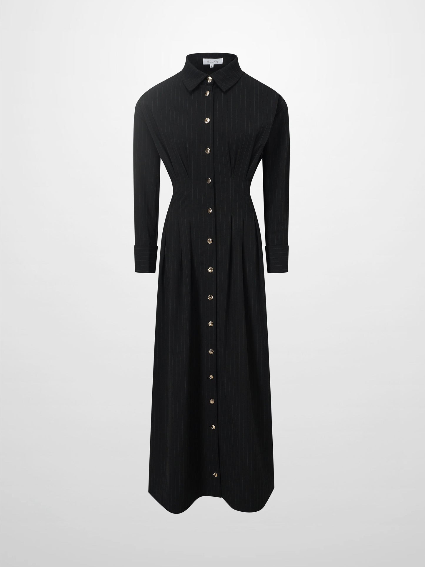 Pleat Waist Pinstripe Button Down Dress-Black