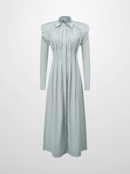 Pleat Front Button Down Dress-Light Blue