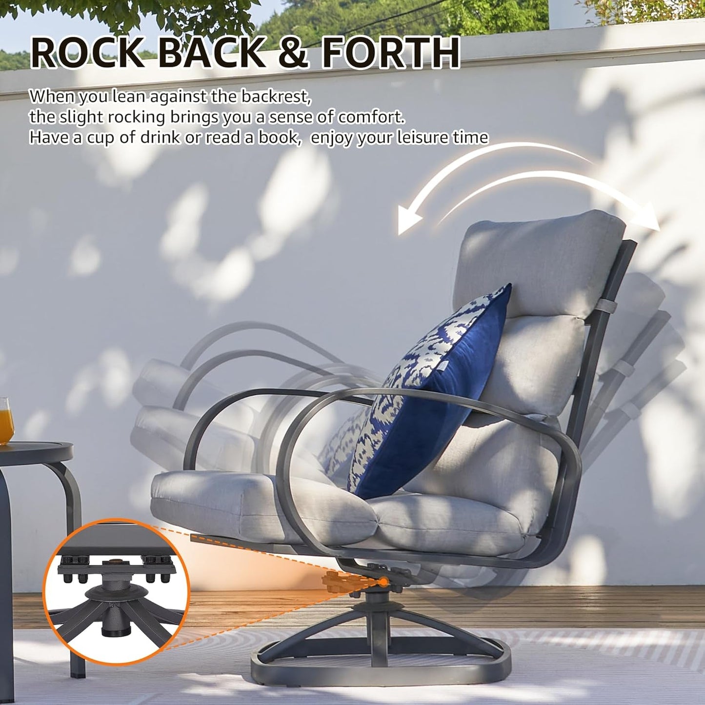 Patio Bistro Set, 3 Piece Outdoor Swivel Glider Rocking Chairs, Conversation Furniture with 2 Highback Rockers, 1 Metal Table and 5" Cushion for Backyard,Porch,Poolside,350Lb.-4