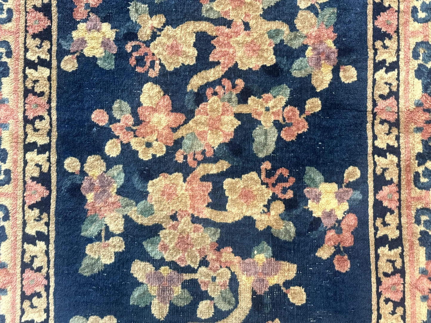 Blue and Beige Chinese Wool Rug 3x6, Chinese Fete Rug, Peking Rug, Antique Chinese Carpet