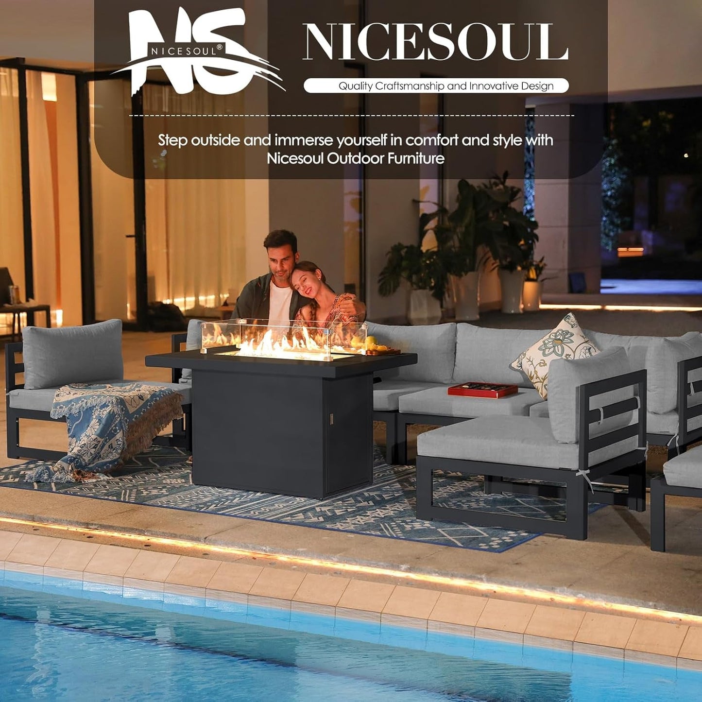 ® Modern Large Grey Aluminum Outdoor Patio Furniture Set with Fire Pit Table, 29'' Deep Wide Seating Conversation Sofa L Shaped Sectional Couch Set (6 Pieces, 5 Seats)-4