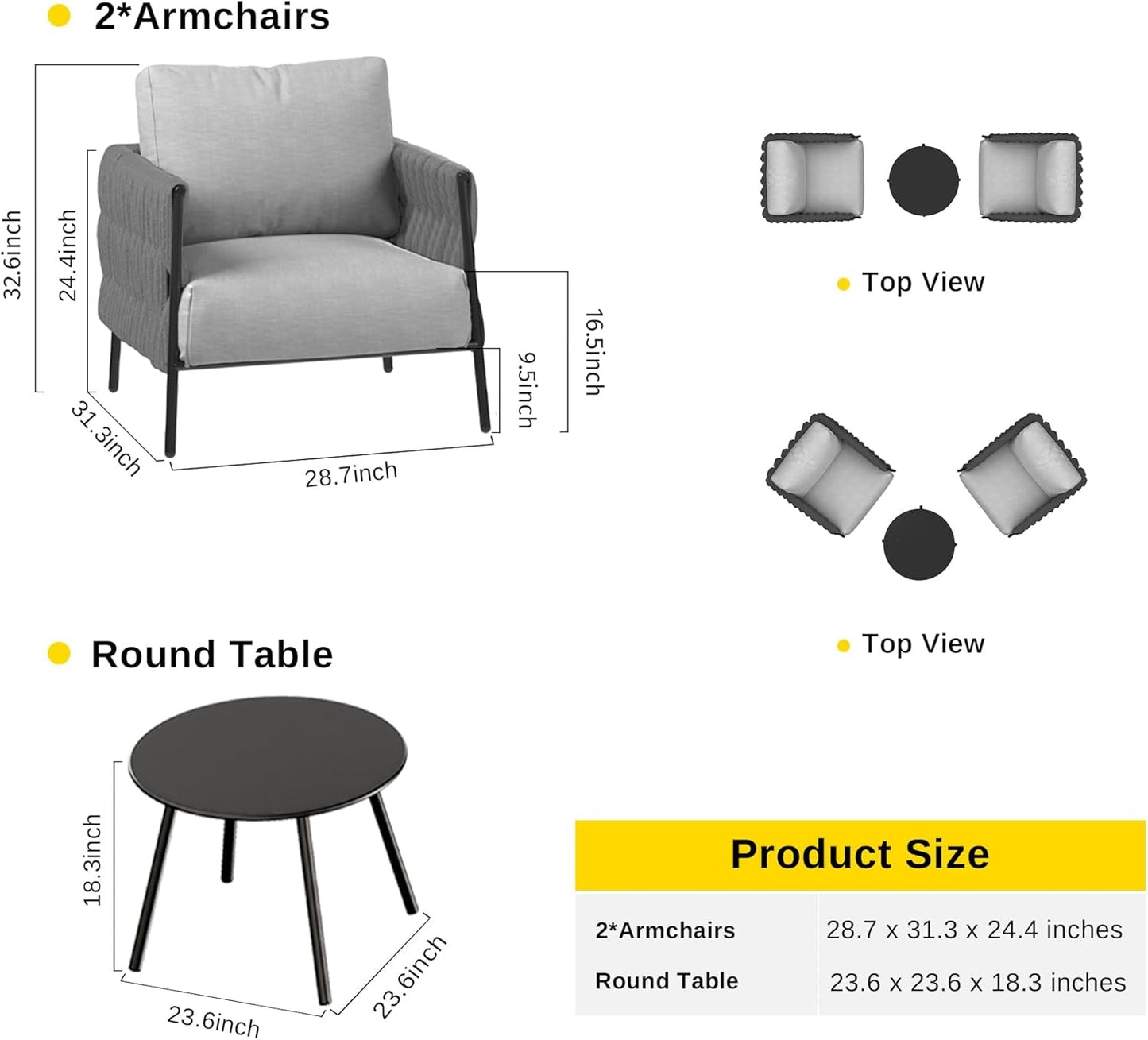 3 Pieces Patio Furniture Set, Armchairs with Coffee Table, Outdoor Furniture Set with Cushion, Modern Outdoor Furniture Deep Seating for Outdoor Garden Porch, Earth Black & Misty Grey