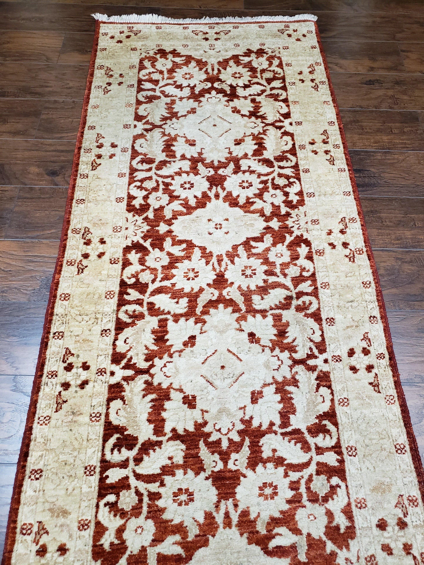 21 ft Runner Rug Long Hallway Runner, 3 x 21 Corridor Rug, Peshawar Pak Persian Chobi Agra Rug, Maroon and Beige Large Flowers Wool Handmade-4