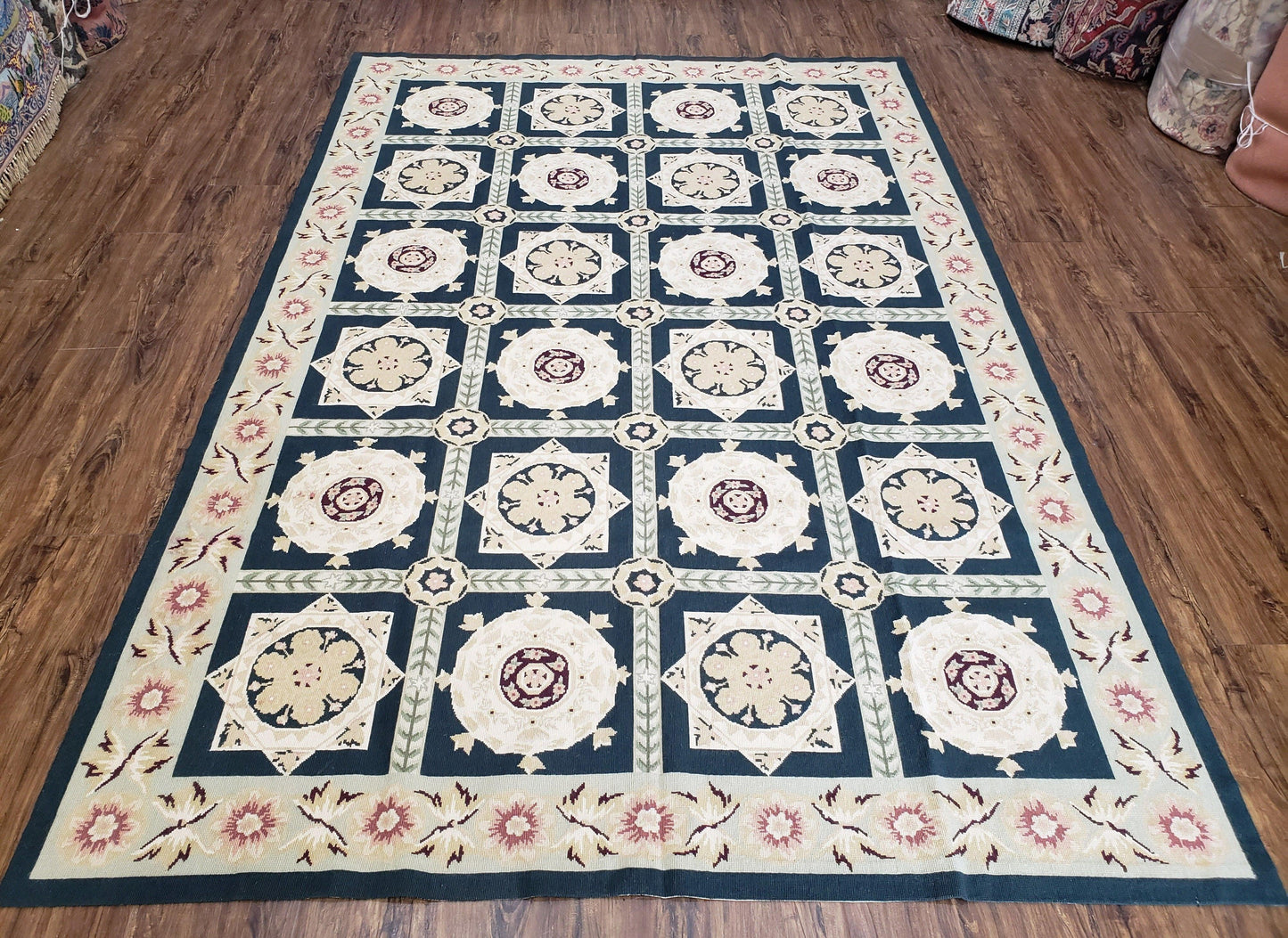 Vintage Chinese Needlepoint Rug 6x9, Panel Design Area Rug Wool Hand-Woven Black & Ivory Carpet Flat Weave Bedroom Rug 6 x 9 Living Room Rug-0