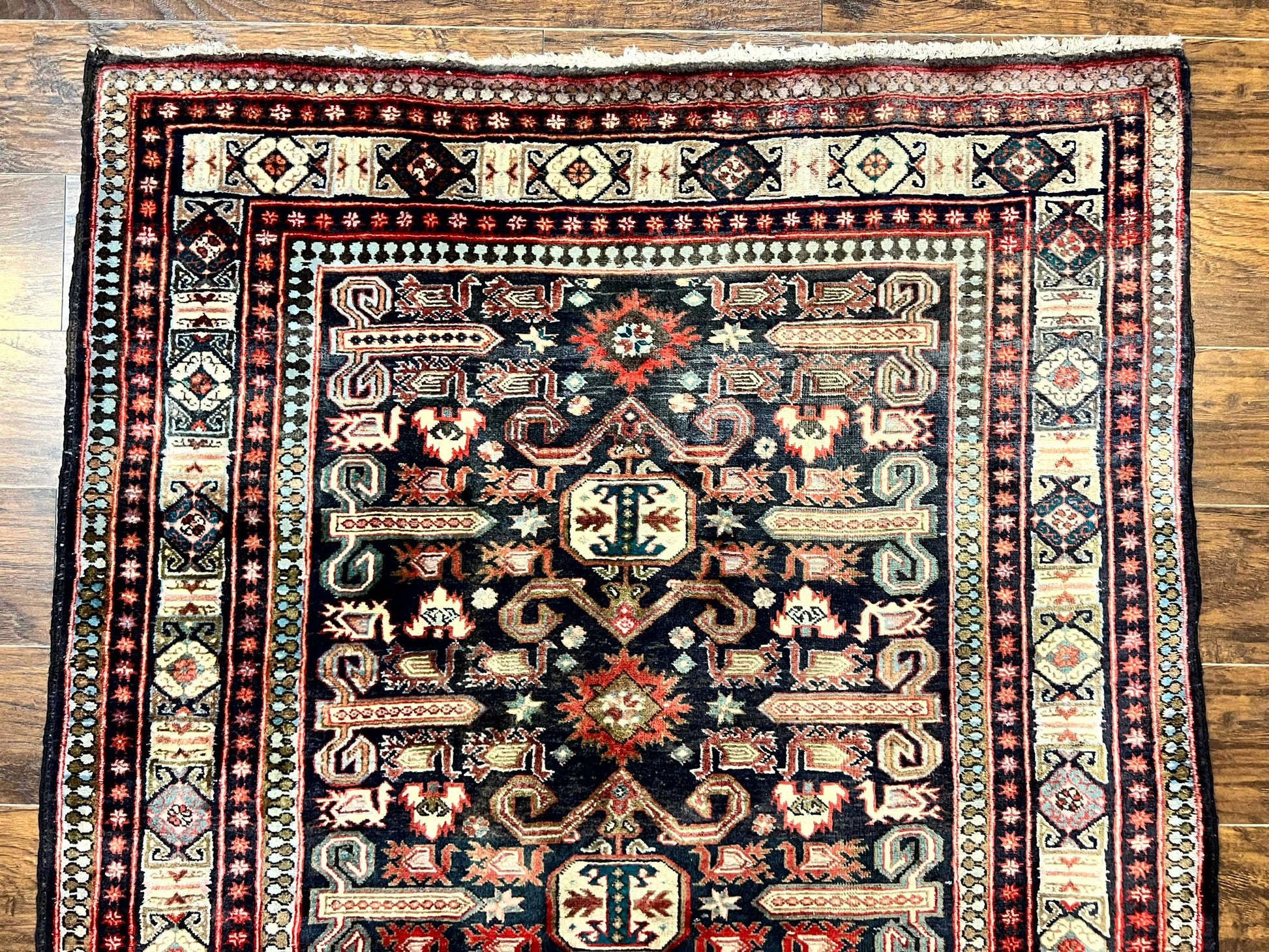 Persian Wide Runner Rug 4.8 x 10, Persian Kalegi Ardabil Rug, Perpedil Caucasian Rug, Antique Handmade Wool Carpet, Navy Blue Red, Tribal Rug-2
