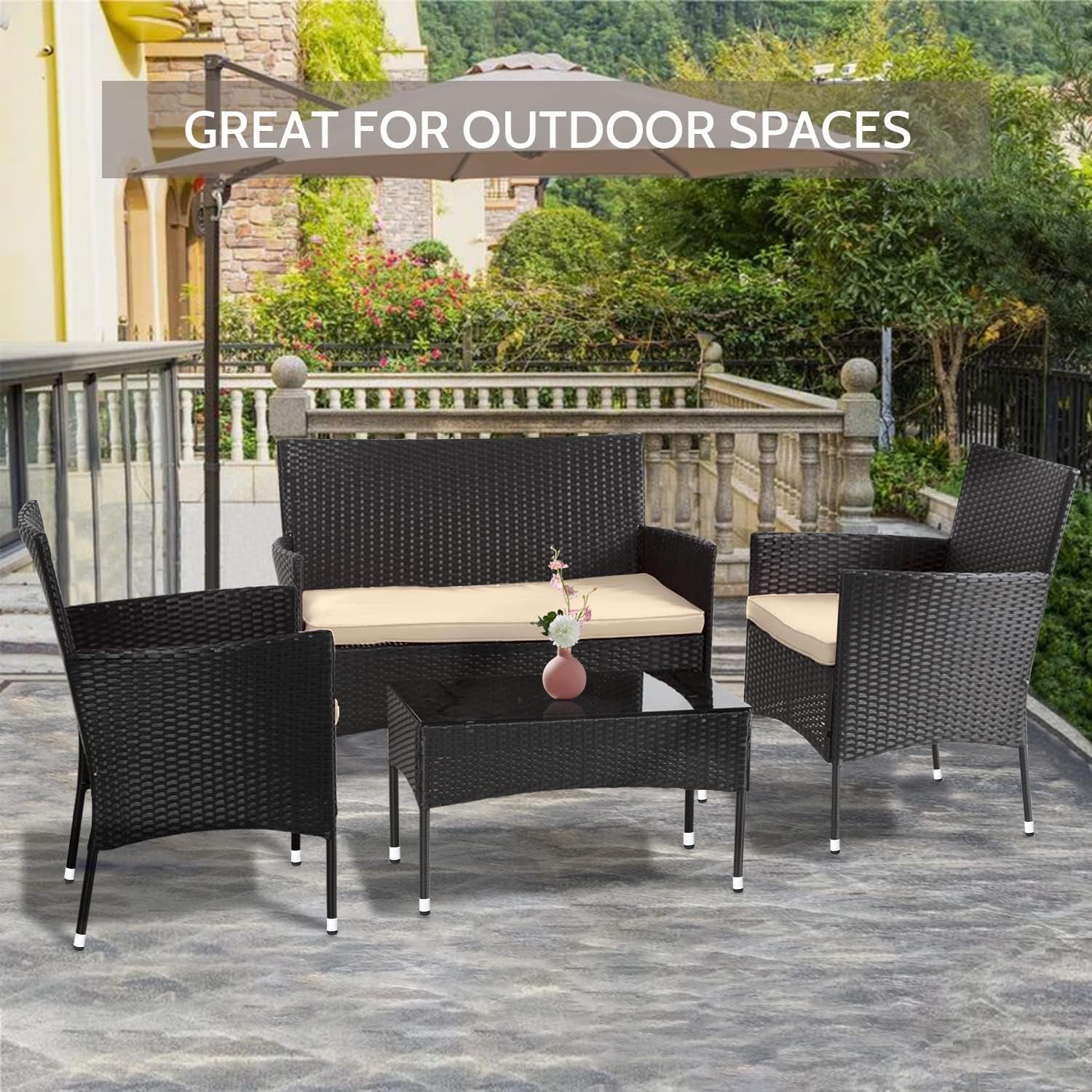 Patio Furniture Set 4 Pieces Outdoor Rattan Chair Wicker Sofa Garden Conversation Bistro Sets for Yard,Pool or Backyard-2