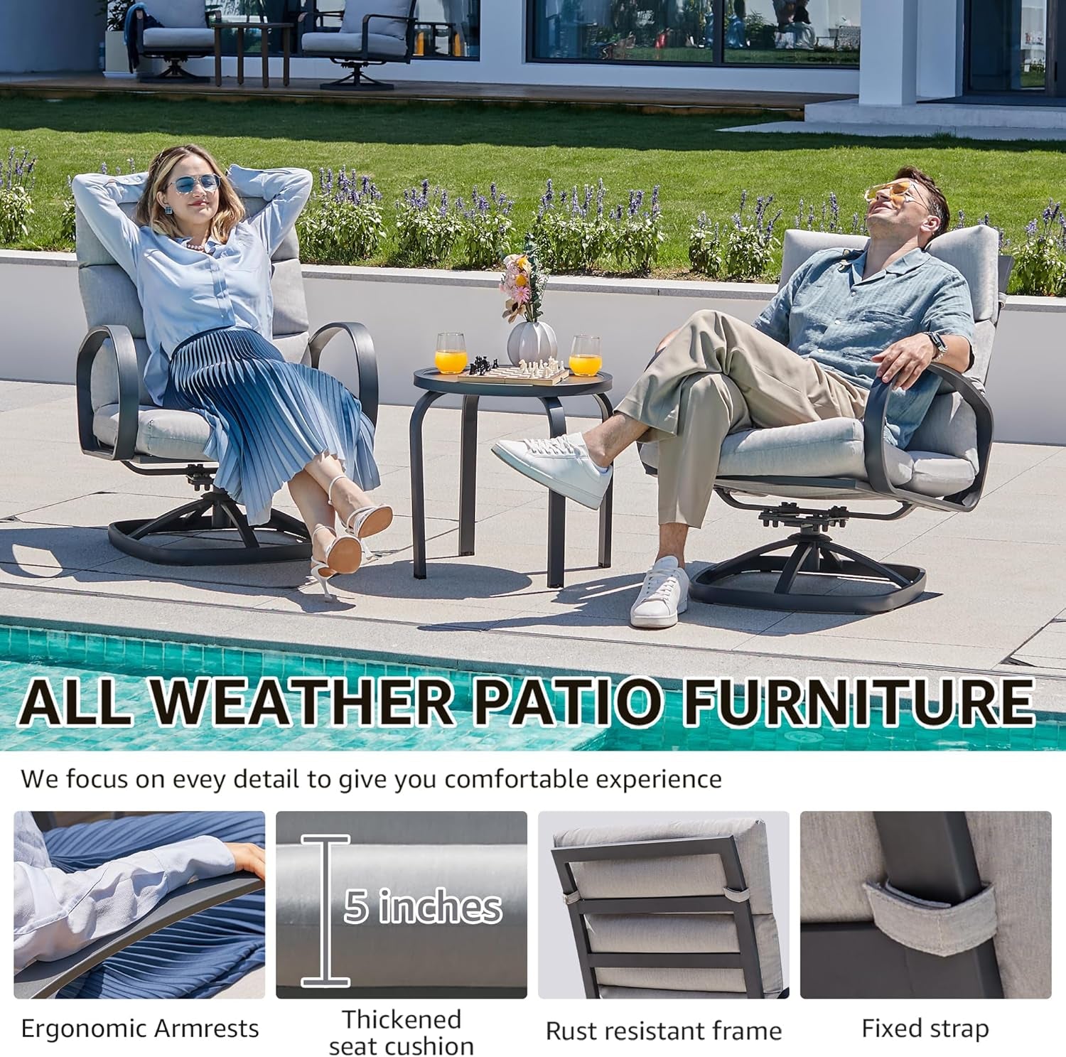 Patio Bistro Set, 3 Piece Outdoor Swivel Glider Rocking Chairs, Conversation Furniture with 2 Highback Rockers, 1 Metal Table and 5" Cushion for Backyard,Porch,Poolside,350Lb.-3