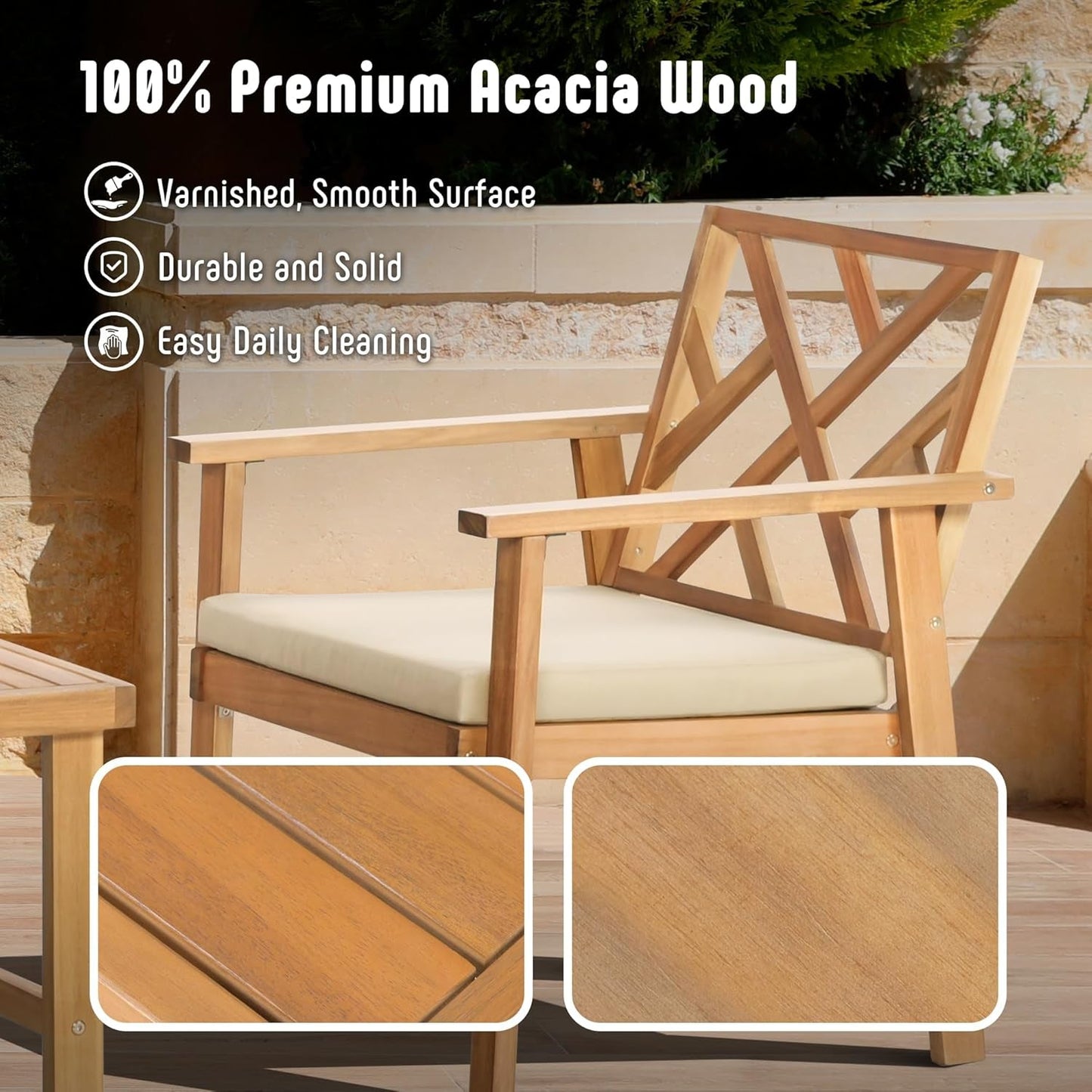 3 Piece Outdoor Patio Furniture Set, Wooden Conversation Patio Set with Padded Cushion Chairs and Coffee Table, Acacia Wood Lounge Conversation Set for Porch Balcony Deck Backyard-2