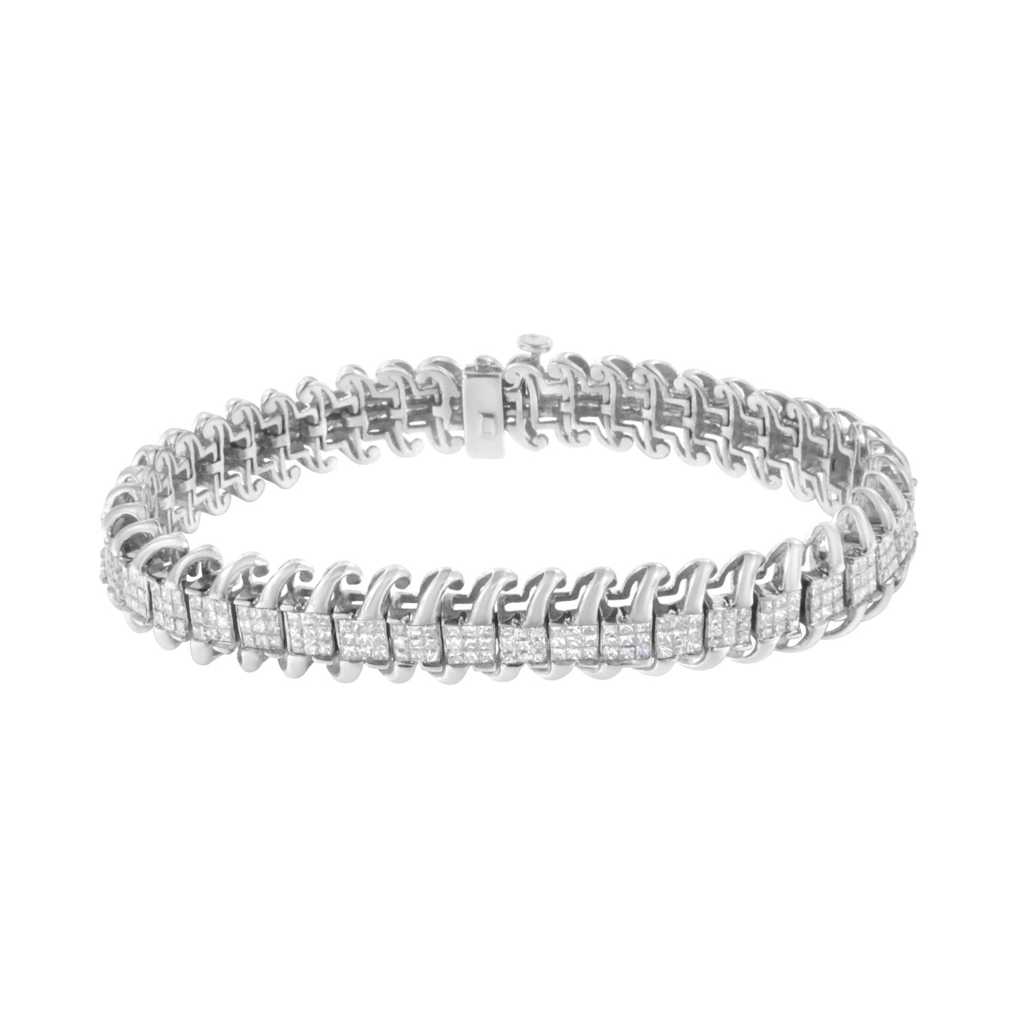 14K White Gold 5.0 Cttw Princess Cut Diamond 7" Invisible Set Wavy S-Link Tennis Bracelet (G-H Color, SI1-SI2 Clarity)-1