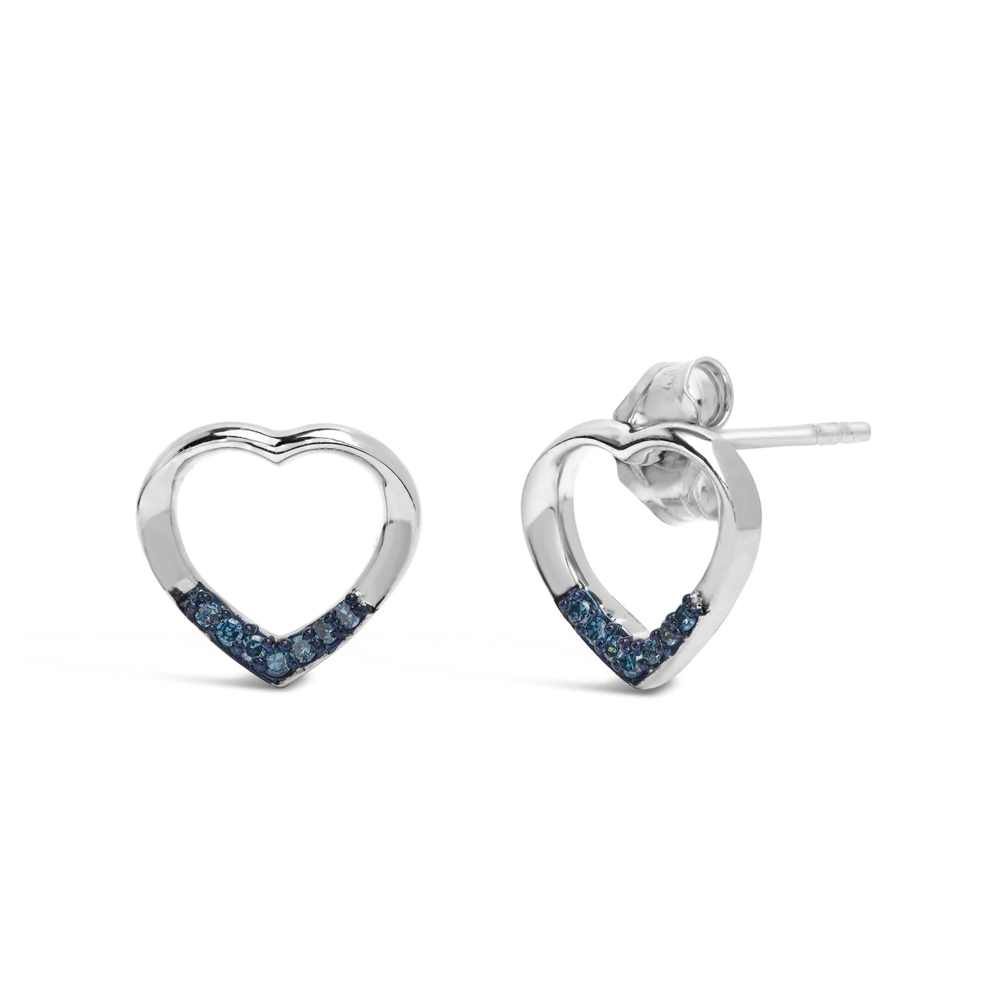 .925 Sterling Silver Blue Diamond Accent Open Heart Stud Earrings (Blue Color, SI1-SI2 Clarity)-1