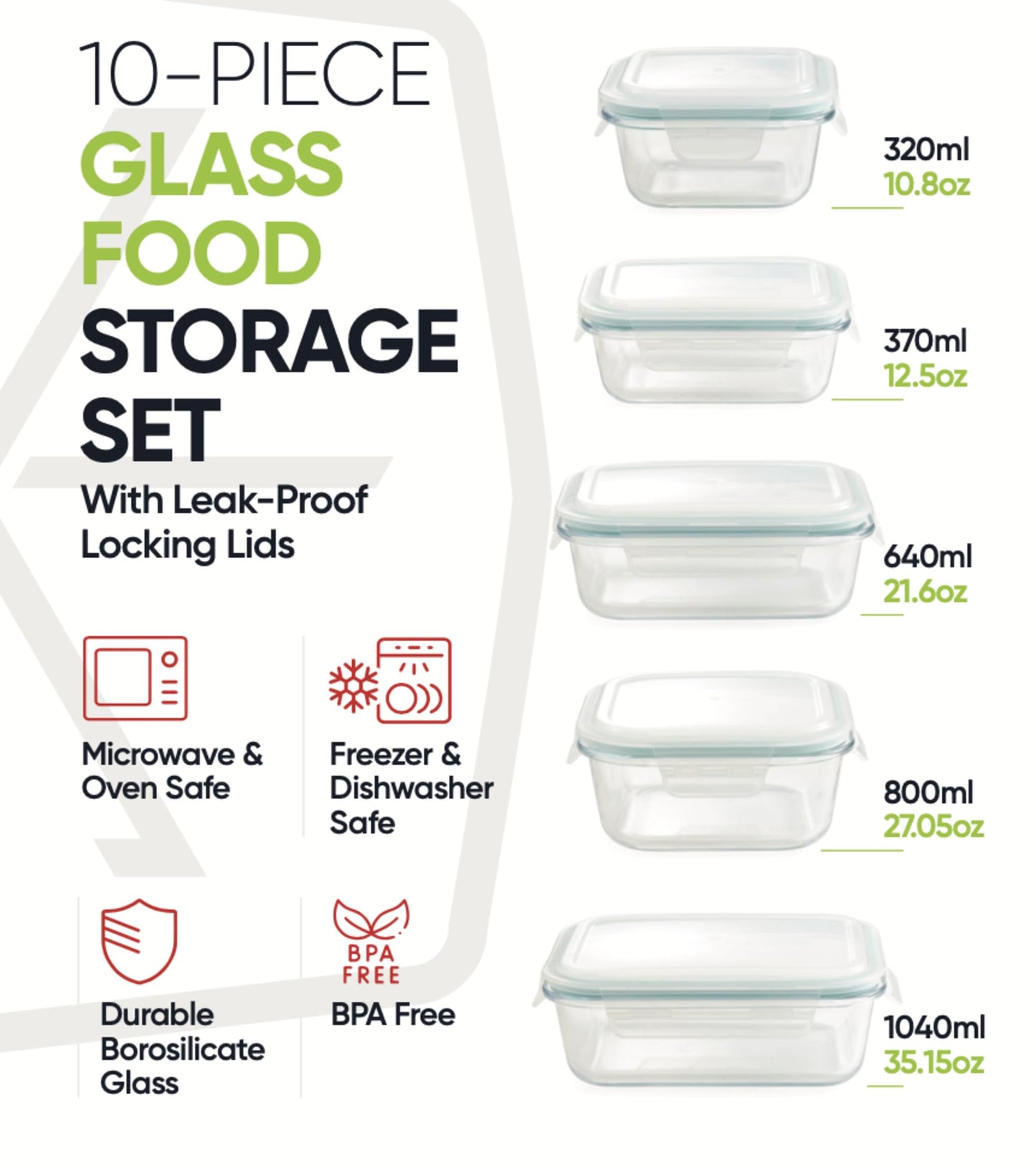 10-Piece Glass Food Storage Containers with Airtight Locking Lids (5 Containers + 5 Lids)-2
