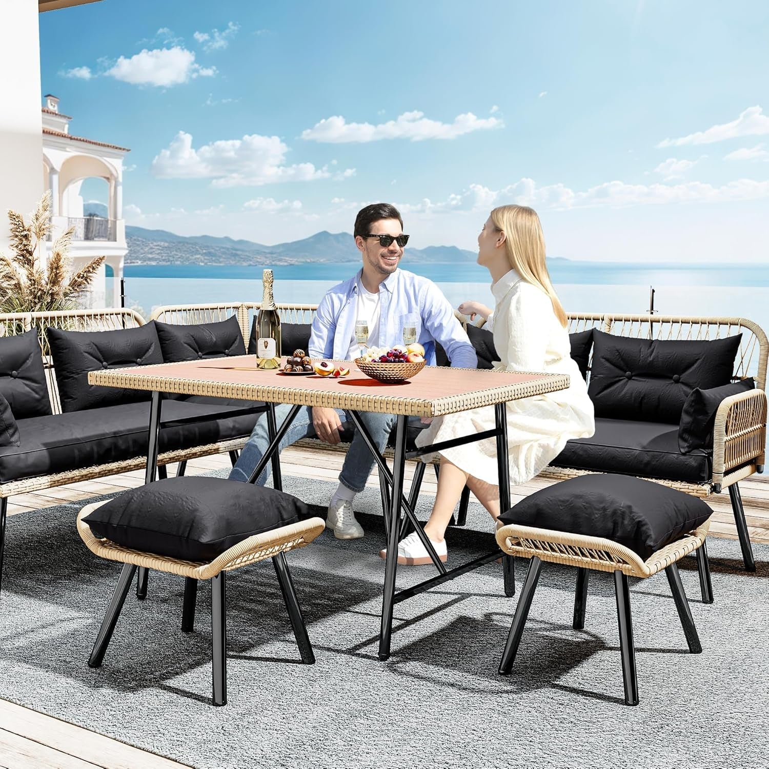 Patio Wicker L-Shaped Furniture Set, All-Weather Rattan Outdoor Conversation Sofa Set for Backyard Deck with Soft Cushions,Ottomans and Plastic Wood Dining Table (Light Brown+Black)-1