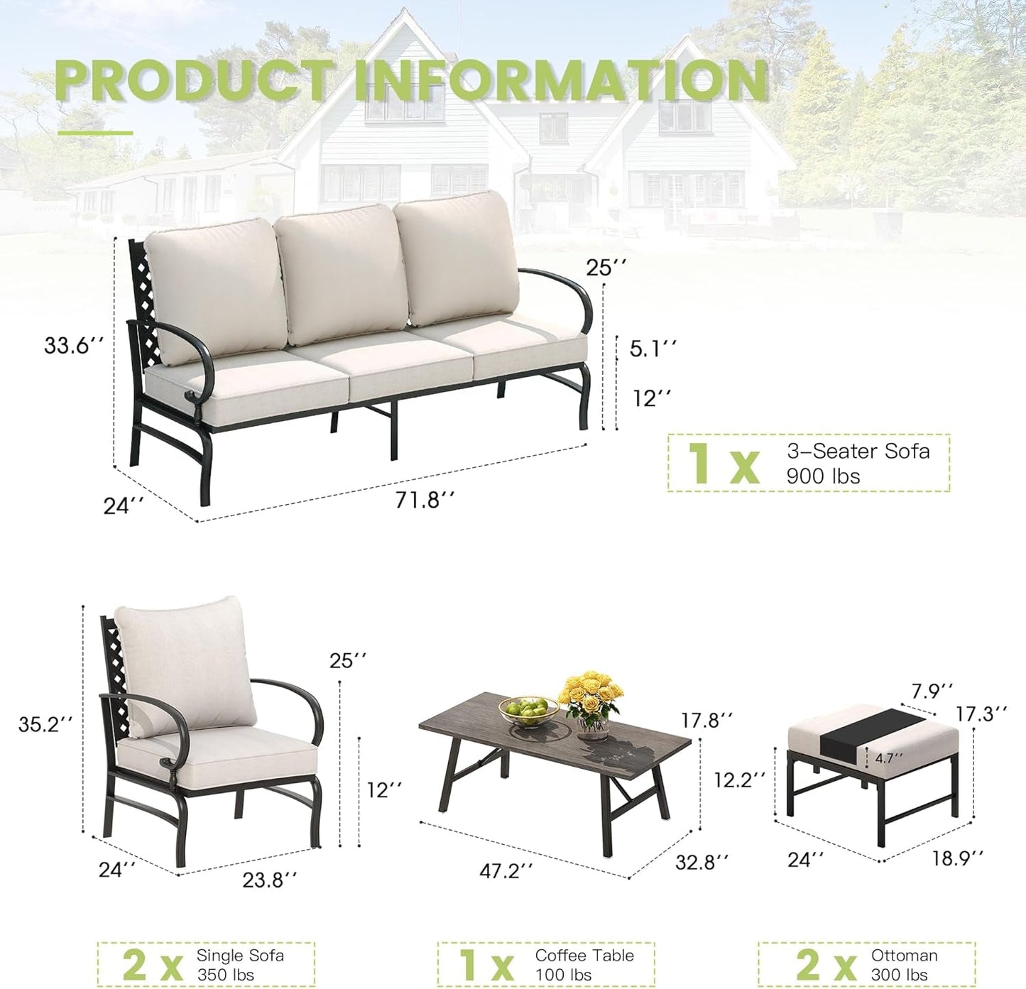 Spacious Six Piece Cushioned Patio Conversation Furniture Set-1