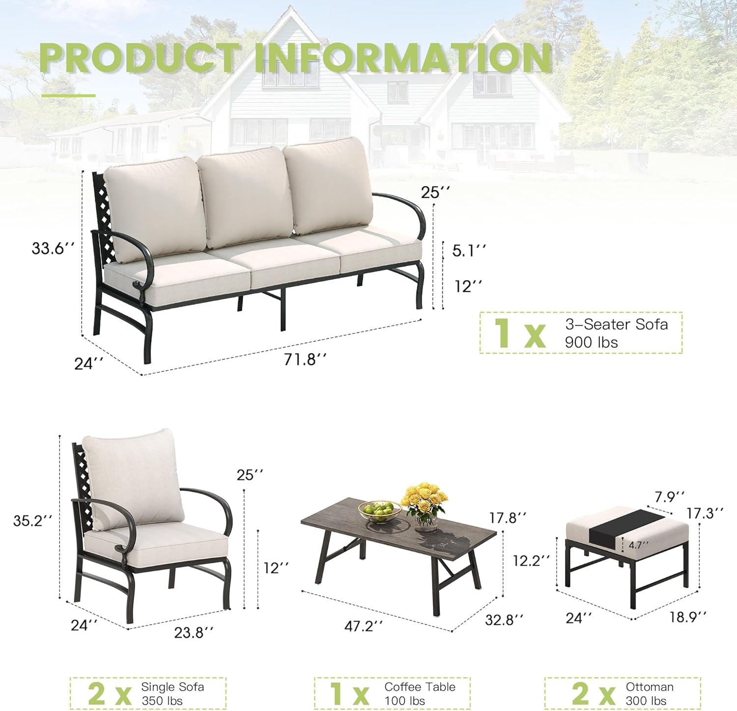 Spacious Six Piece Cushioned Patio Conversation Furniture Set-1
