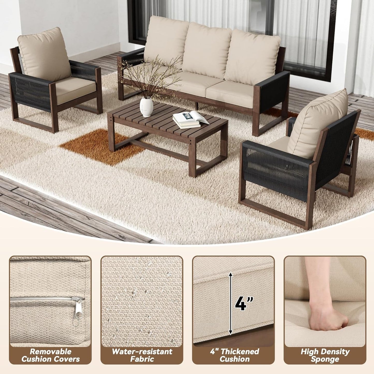 Wooden Outdoor Furniture Set with Comfortable Wicker Chairs