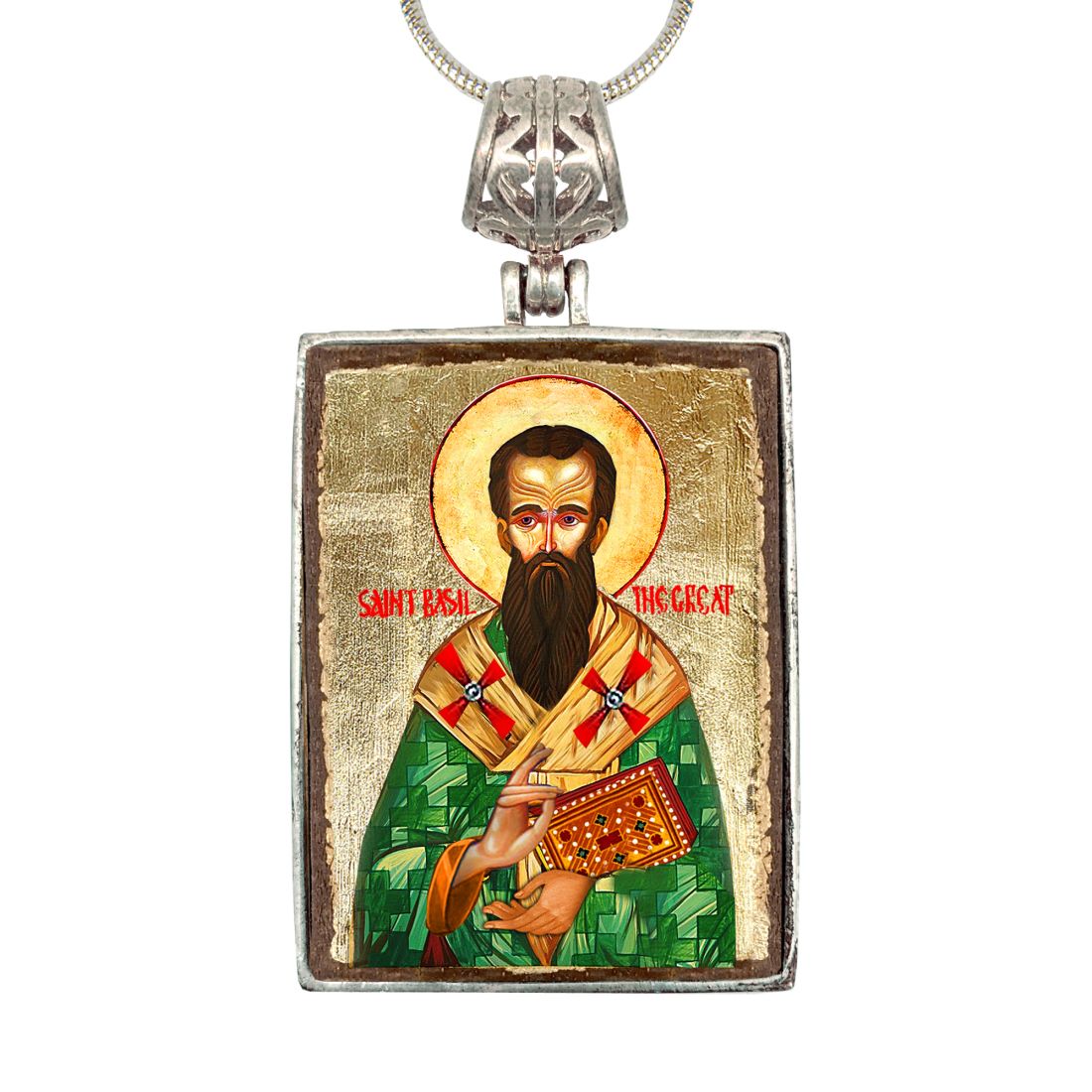 Saint Basil Religious Jewelry Silver Plated Necklace, Gold-Plated Wooden Cabochon - Christian Sacred Icon - Inspirational Icon Decor - 43053R