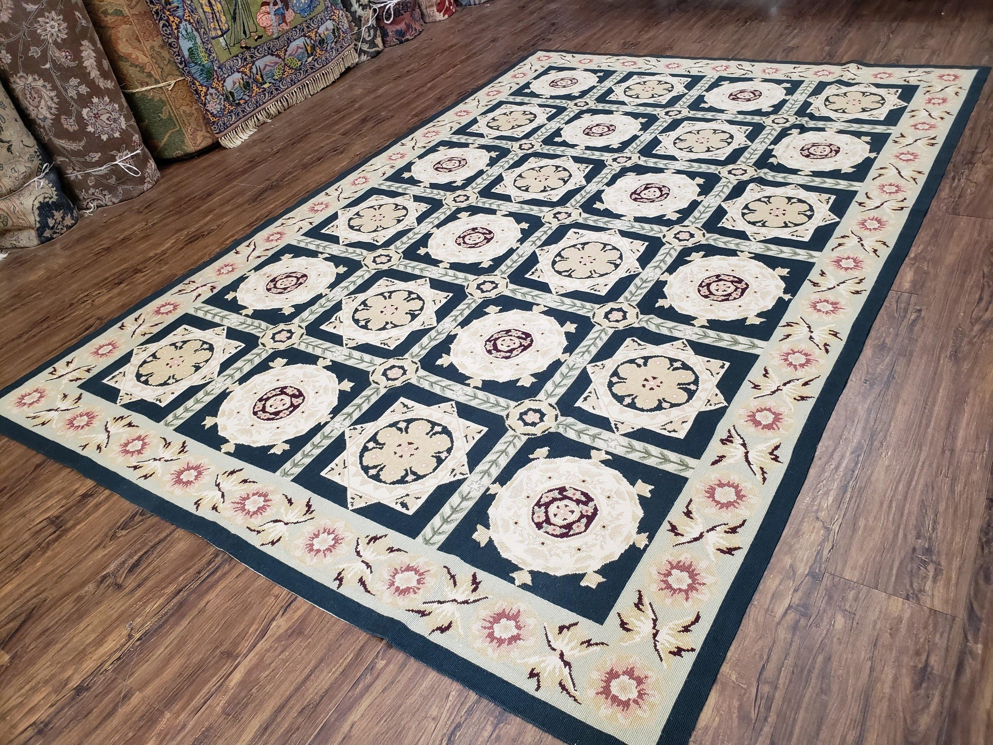 Vintage Chinese Needlepoint Rug 6x9, Panel Design Area Rug Wool Hand-Woven Black & Ivory Carpet Flat Weave Bedroom Rug 6 x 9 Living Room Rug-1