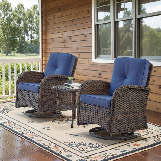 Patio Wicker Chairs Swivel Rocker Outdoor Swivel Rocking Chairs Set of 2 with Rattan Side Table Swivel Glider Chair 3 Piece Patio Furniture Sets for Patio Porch Pool Brown/Blue, (A085-1)-0
