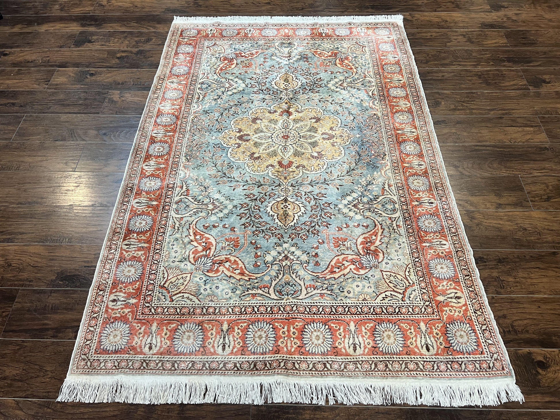 Silk Turkish Rug 5x7, Light Blue Silk Carpet, Floral Medallion, Turkish Kayseri Rug, Vintage Handmade Oriental Rug-0