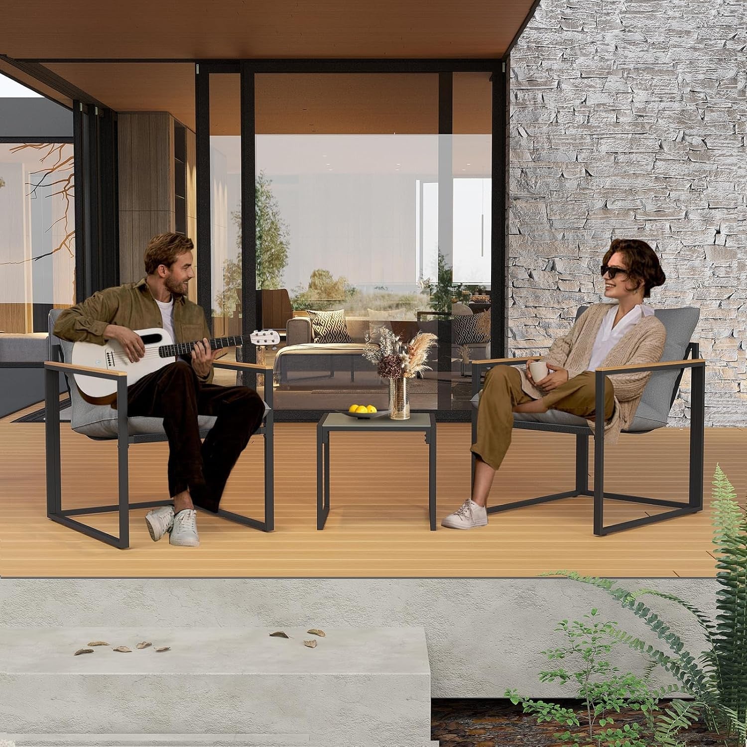 Patio Outdoor Furniture 3 Pcs Bistro/Converstation Set with 2 Chairs and 1 Coffee Table, Together with Cushions&Backrest, for Patio, Indoor, Garden, Balcony, Poolside, Bistro-3