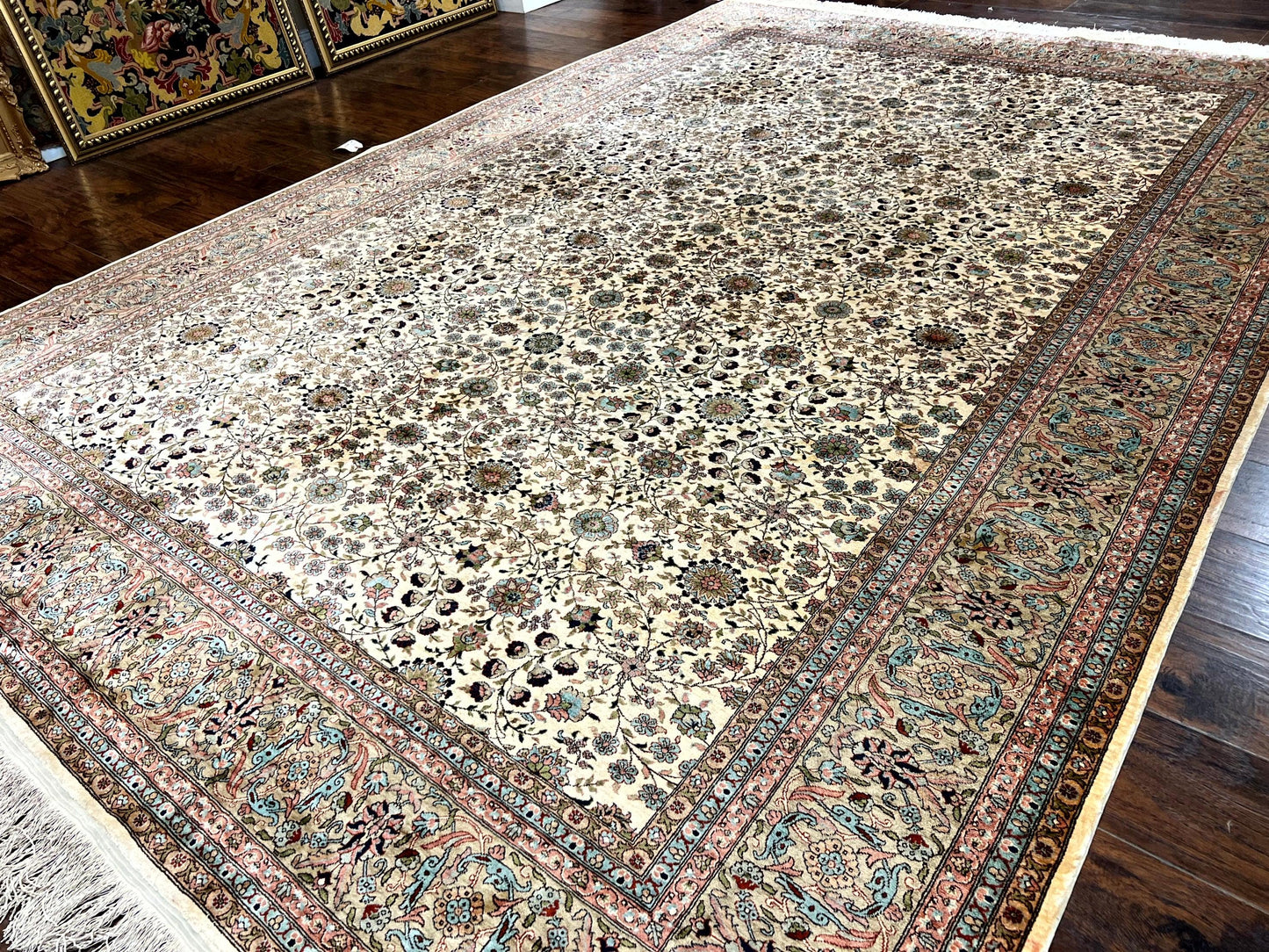 Wonderful Silk Hereke Rug 8x12, Silk Pile on Silk Foundation, Ivory/Cream, Floral Pattern, Handmade, Vintage-1