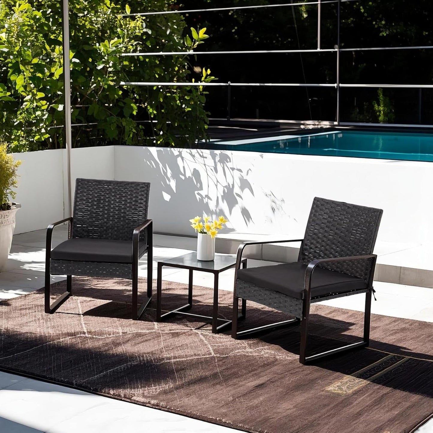 3 Piece Outdoor Patio Furniture Set, Patio Bistro Set Wicker Conversation Set, Modern Rattan Chair with Glass Coffee Table for Backyard, Porches, Poolside, Lawn and Balcony-1