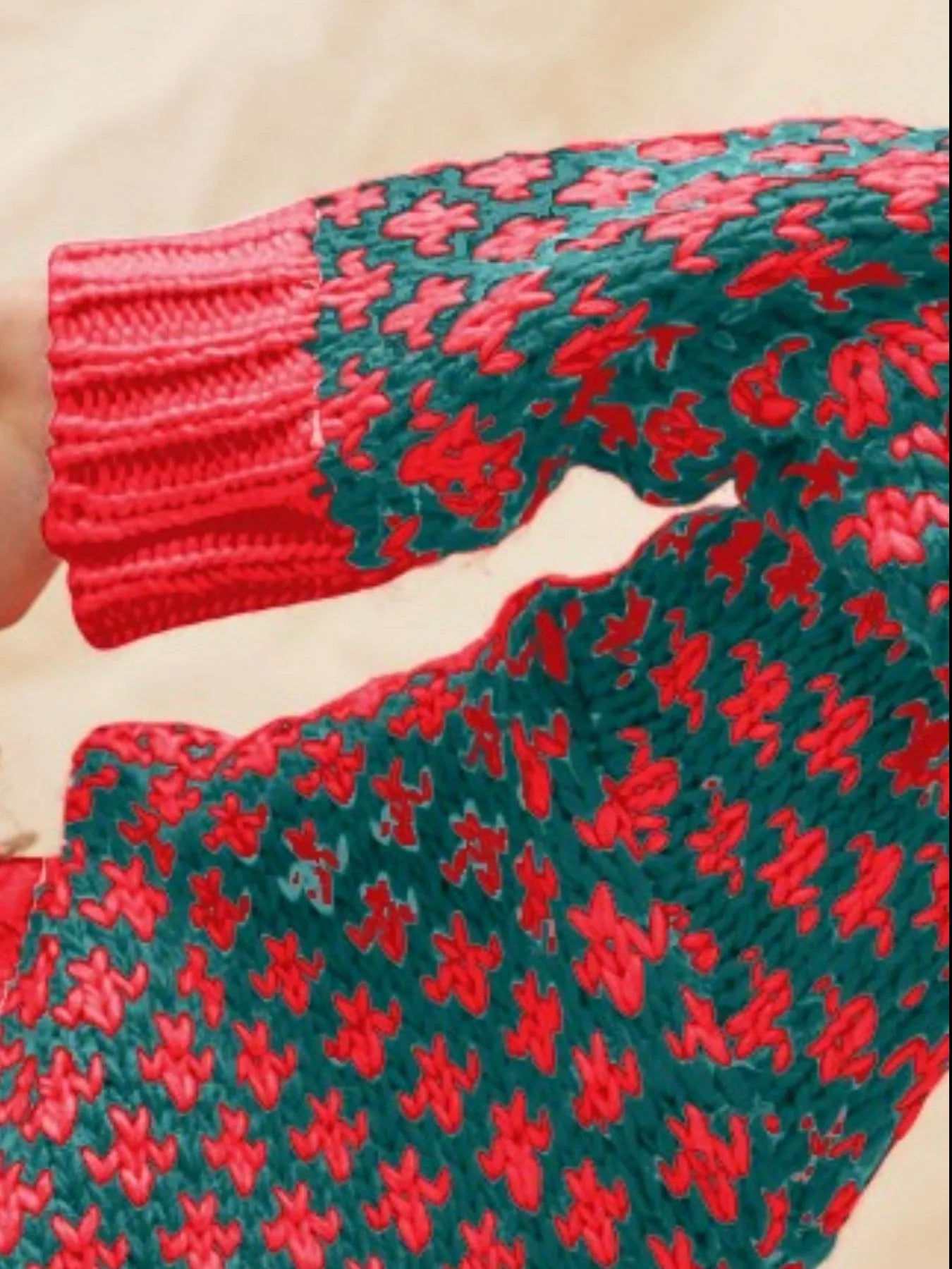 SO ME Color Block Textured Christmas Sweater V Neck Top-1