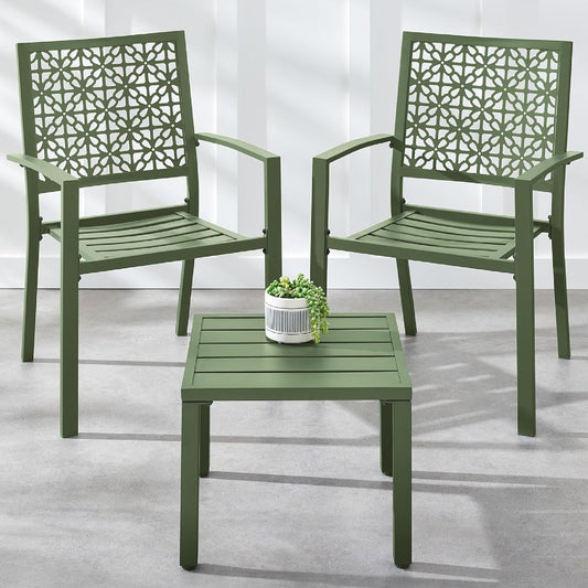 3-Piece Outdoor Bistro Set, Stackable Modern Steel Furniture for Porch, Garden W/ 2 Chairs, Table, Geometric Decor - Sage Green-0