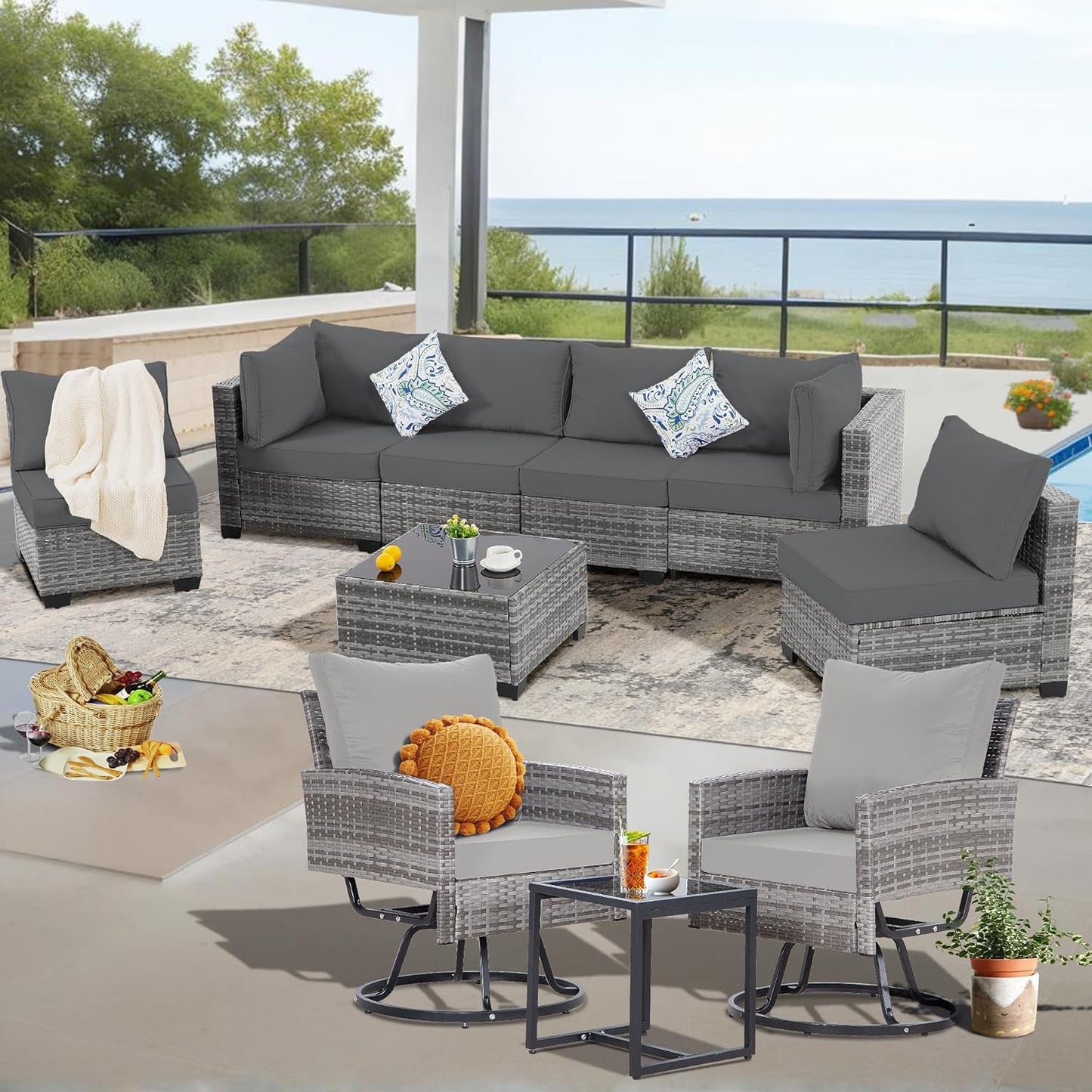 10 Piece Outdoor Patio Furniture Set with Swivel Chairs