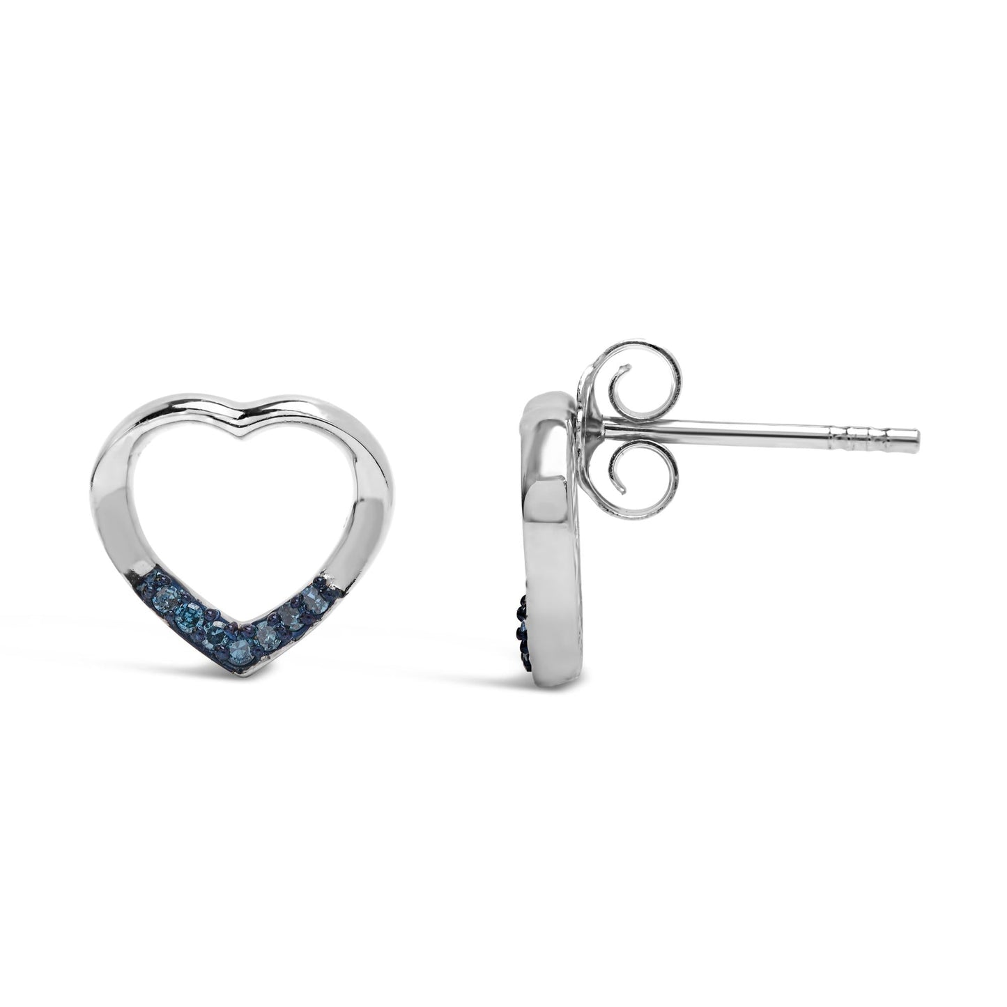 .925 Sterling Silver Blue Diamond Accent Open Heart Stud Earrings (Blue Color, SI1-SI2 Clarity)-2