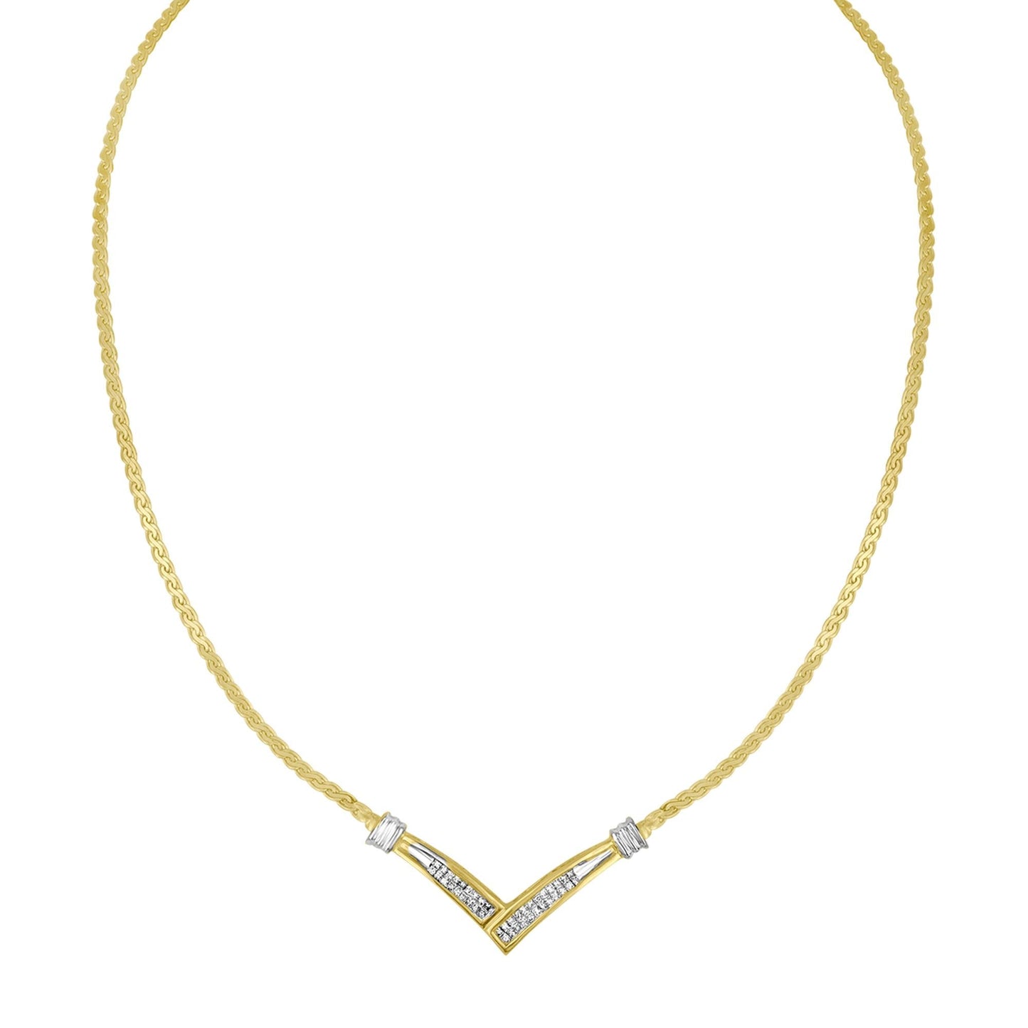 10K Yellow and White Gold 1/2 Cttw Princess Cut Diamond Channel-Set “V” Shape 18" Franco Chain Necklace (H-I Color, SI2-I1 Clarity)-2