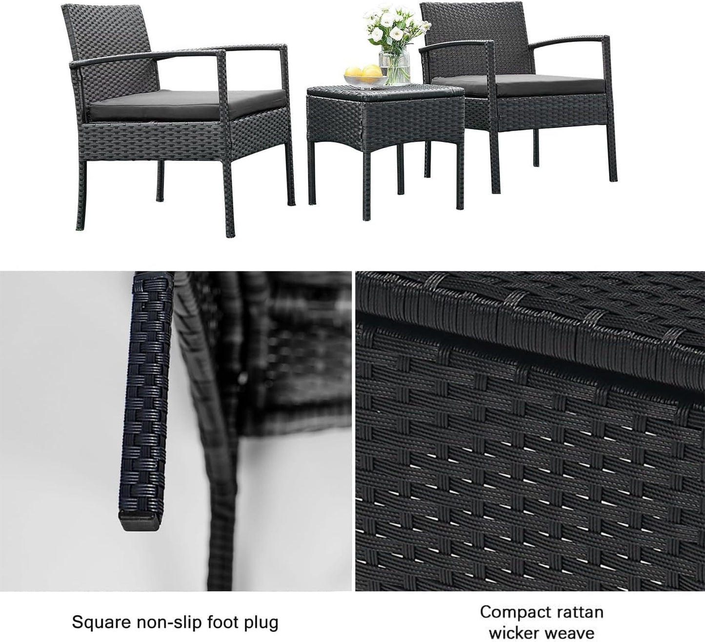 3 PCS Patio Rattan Conversation Chairs Set, Outdoor Patio Furniture Balcony Furniture Set, Wicker Patio Set for Garden Porch Balcony Yard, Black