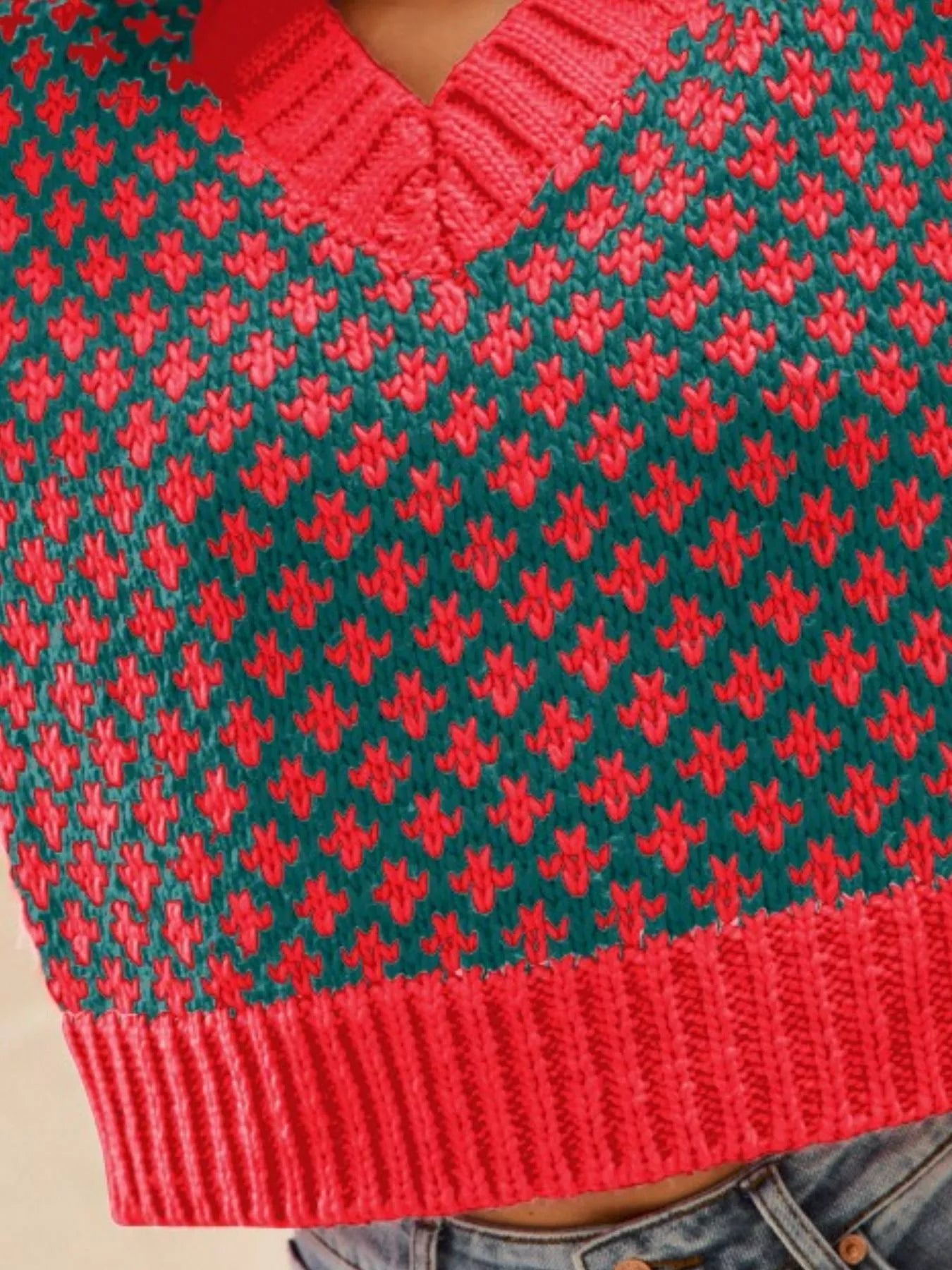 SO ME Color Block Textured Christmas Sweater V Neck Top-2