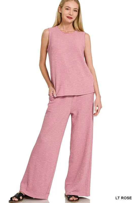 Zenana Cotton Slub Tank and Pants Set-1