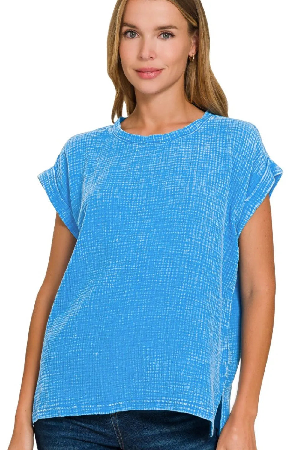 Zenana Woven Double Gauze Acid Washed Short Sleeve Top-2