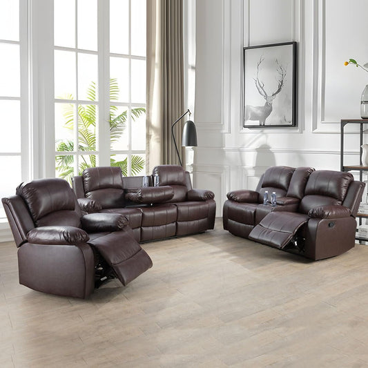 3PCS Recliner Sofa Set Vegan Leather Reclining Couch Set  Living Room Furniture Sets Manual Reclining Sofa Set with Cup Holders/Storage Console/Flip down Table for Home/Office (Brown, 3PCS Set)-0