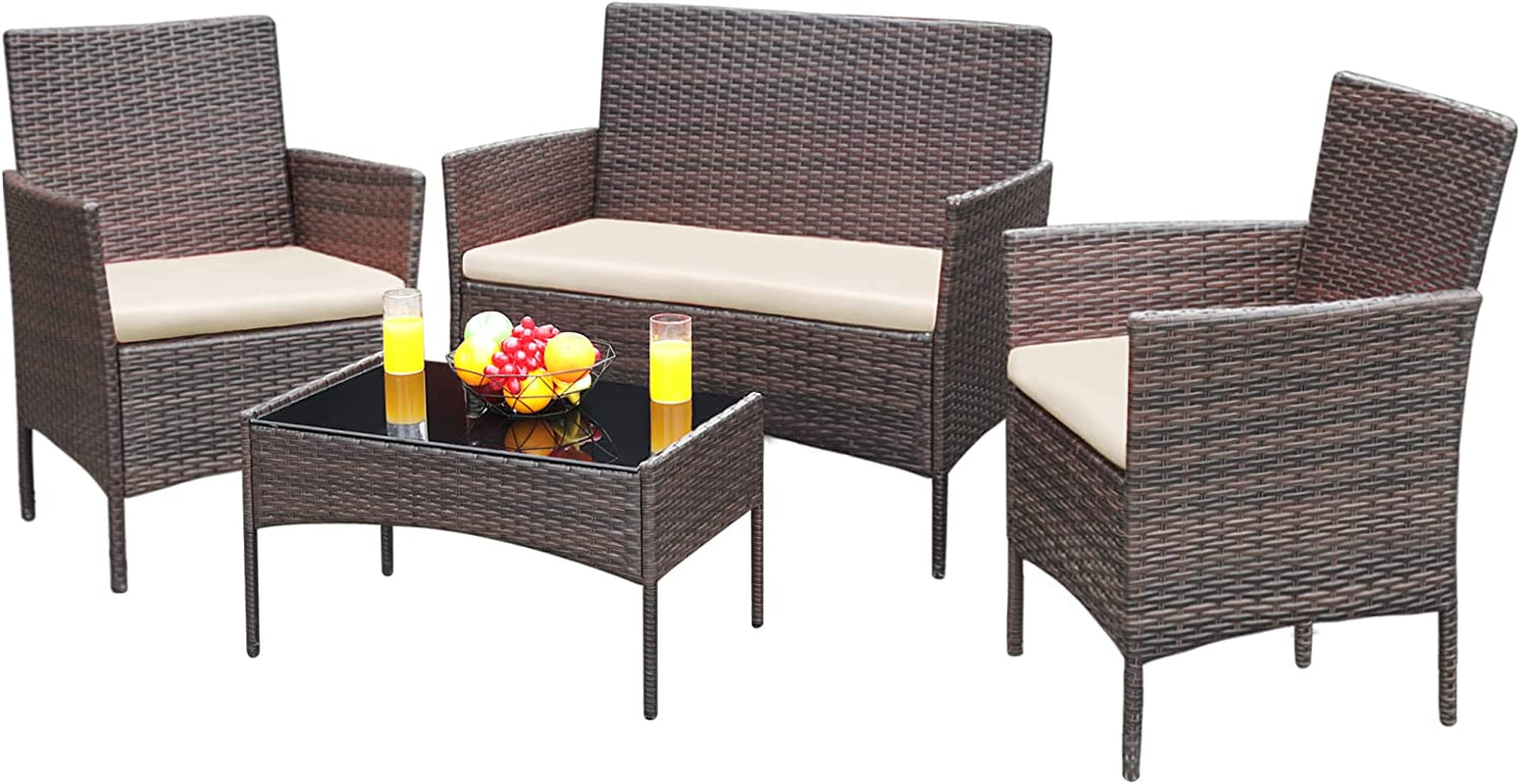 Patio Furniture 4 Pieces Conversation Sets Outdoor Wicker Rattan Chairs Garden Backyard Balcony Porch Poolside Loveseat with Soft Cushion and Glass Table, Brown and Beige-1