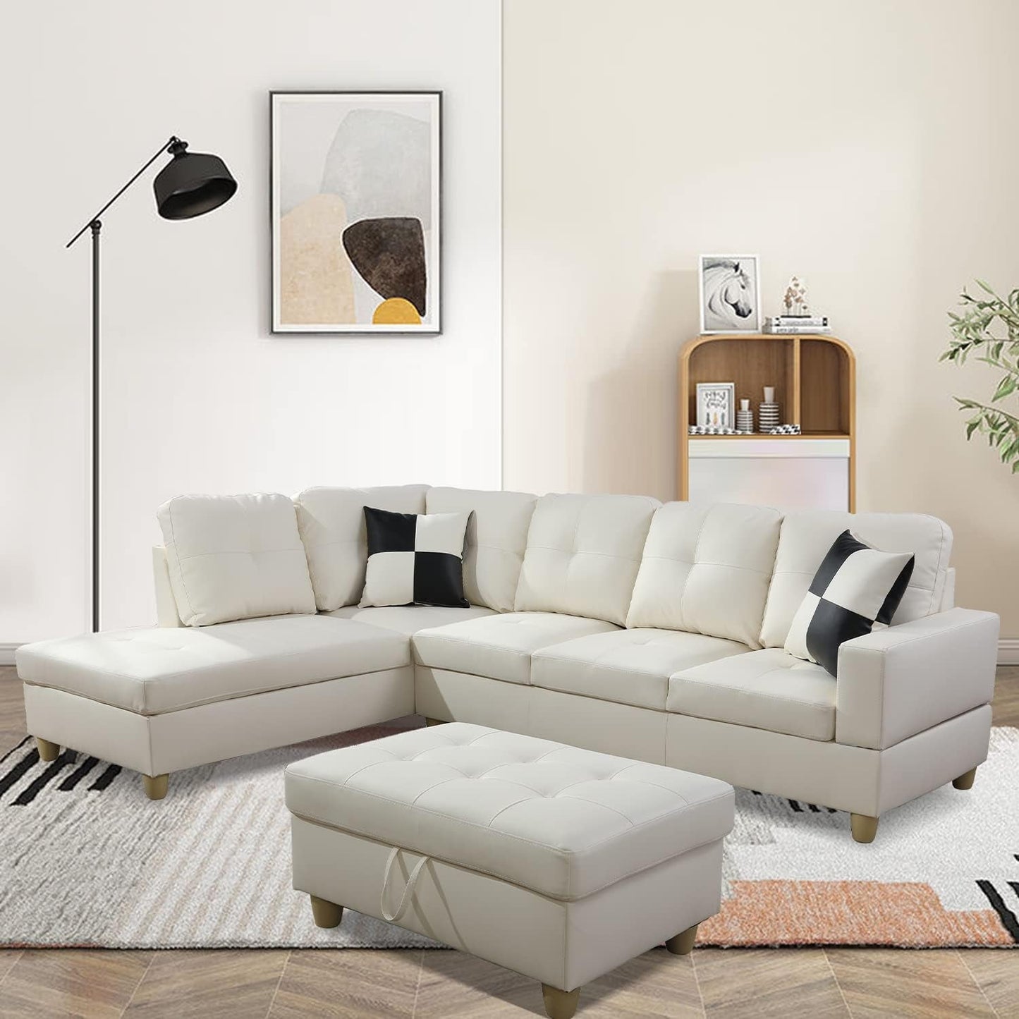 Ponliving Furniture Modern L-Shaped Leather Sectional Sofa Left Hand Facing (White)-2