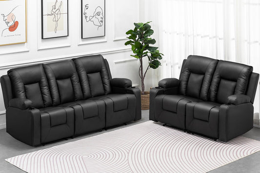 Recline Chair Set,Furniture 2PC Bonded Leather Recliner Set Living Room Set, Sofa, Loveseat(Black,Living Room Set3+2)-0
