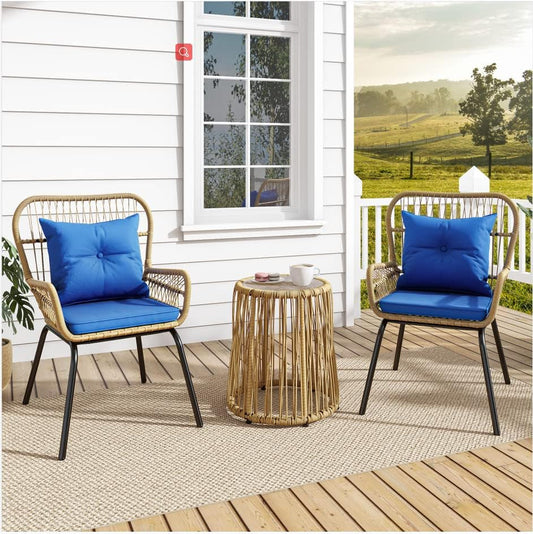 3-Piece Outdoor Patio Furniture Wicker Bistro Set, All-Weather Rattan Conversation Chairs for Backyard, Balcony and Deck with Soft Cushions, Glass Side Table (Light Brown+Navy Blue)