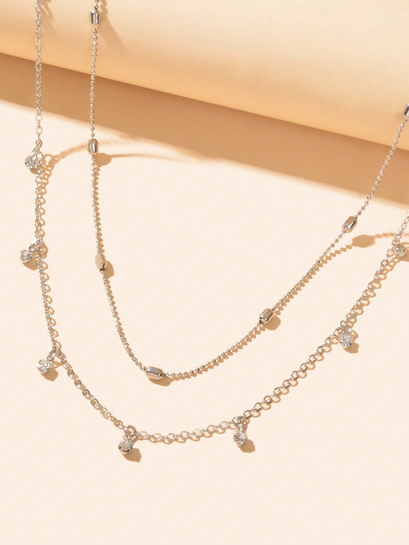 Sparkling Diamond Pendant Double Layer Silver Necklace Elegant Statement Jewelry