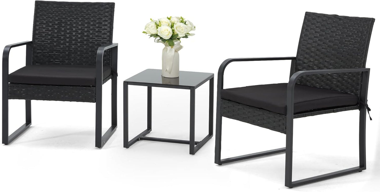 3 Piece Outdoor Patio Furniture Set, Patio Bistro Set Wicker Conversation Set, Modern Rattan Chair with Glass Coffee Table for Backyard, Porches, Poolside, Lawn and Balcony-0