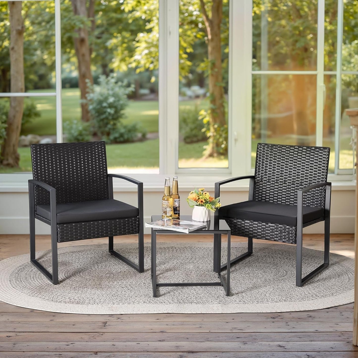 3 Piece Wicker Conversation Bistro Sets Outdoor Patio Set Modern Rattan Chair Furniture Sets with Coffee Table for Yard Garden Porch Lawn (Black)-2