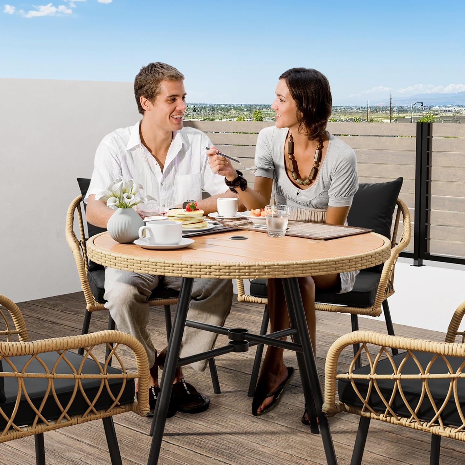 Patio Chairs Set of 4, Outdoor Patio Furniture Dining Chairs, All-Weather Rattan Conversation Chairs with Soft Cushions for Backyard Deck (Light Brown+Black)-3