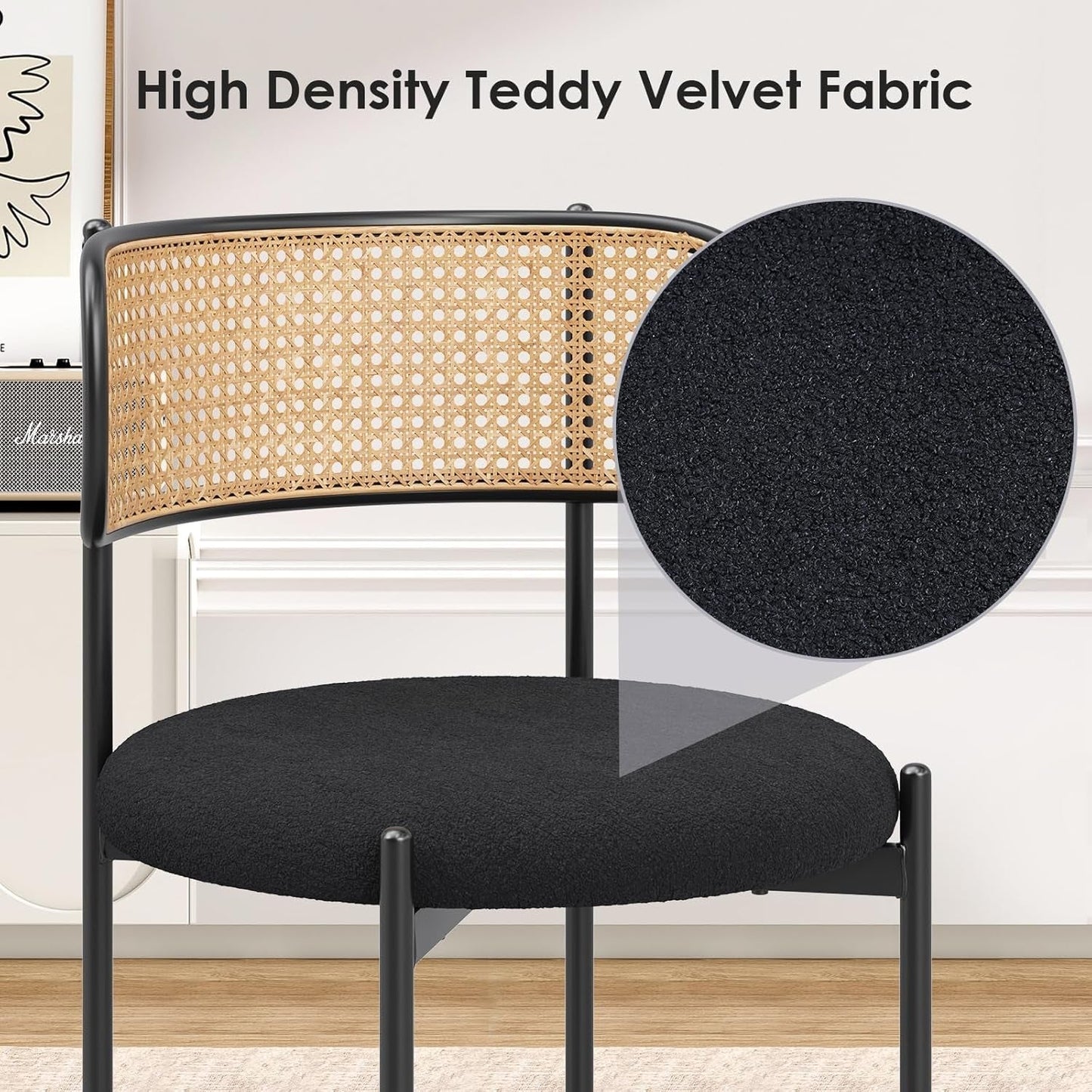 Kitchen Chairs Set of 4, Mid-Century Modern Dining Chairs,Kitchen Dining Room Chairs, Rattan Backrest round Upholstered Sherpa Dining Chairs,Black