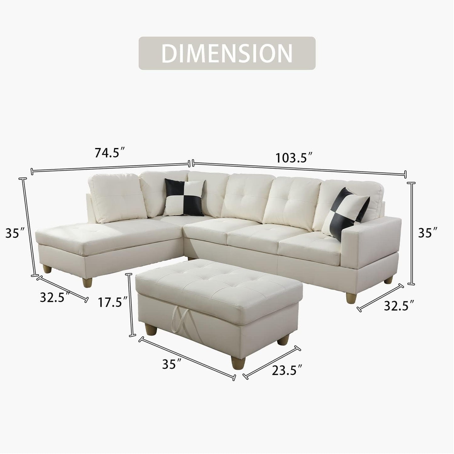 Ponliving Furniture Modern L-Shaped Leather Sectional Sofa Left Hand Facing (White)-1