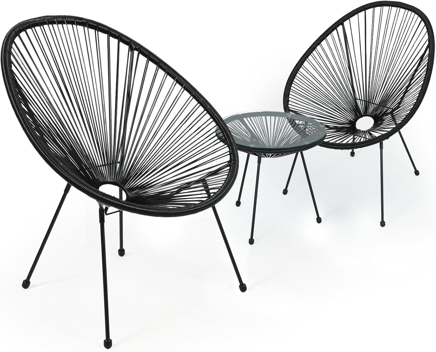 Outdoor Acapulco Chair Set 3-Piece with Glass Top Table, Lightweight All-Weather Woven PE Rope Patio Furniture, Modern Bistro Conversation Set for Patio, Garden, Poolside, Black-0