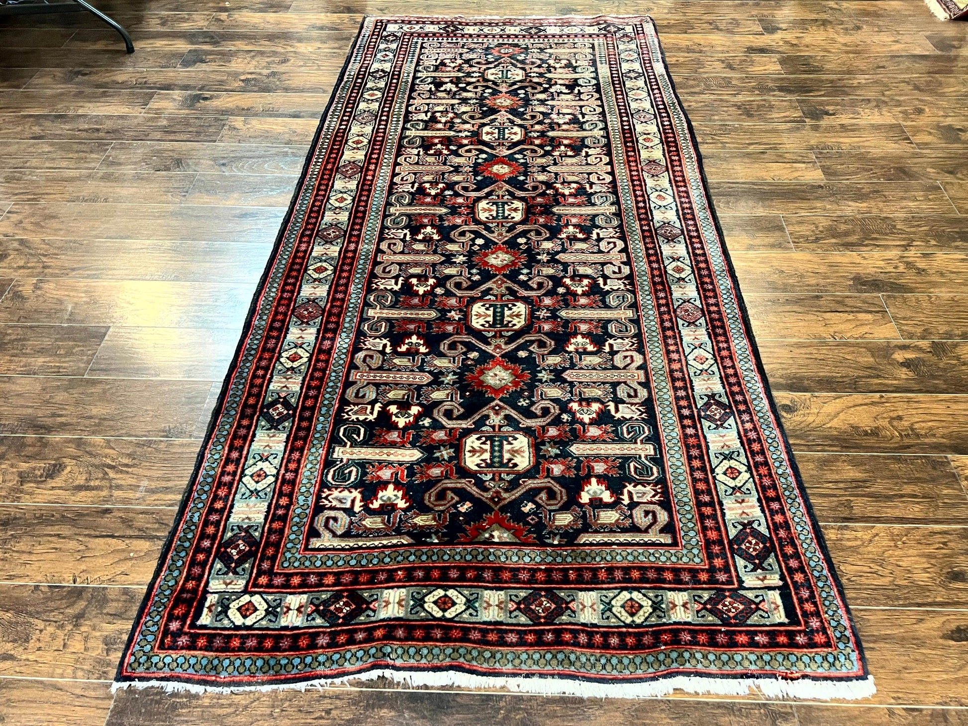 Persian Wide Runner Rug 4.8 x 10, Persian Kalegi Ardabil Rug, Perpedil Caucasian Rug, Antique Handmade Wool Carpet, Navy Blue Red, Tribal Rug-0