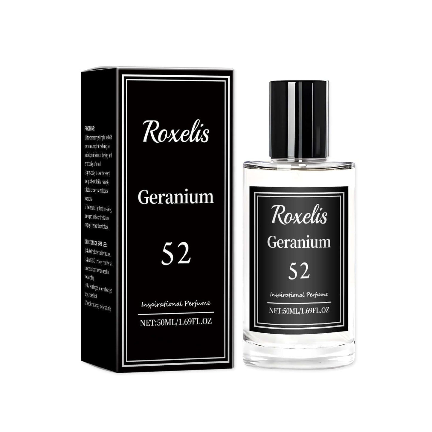 Roxel's Inspirational Geranium Perfume 52, 50ml bottle with elegant packaging, featuring floral notes and natural extracts.