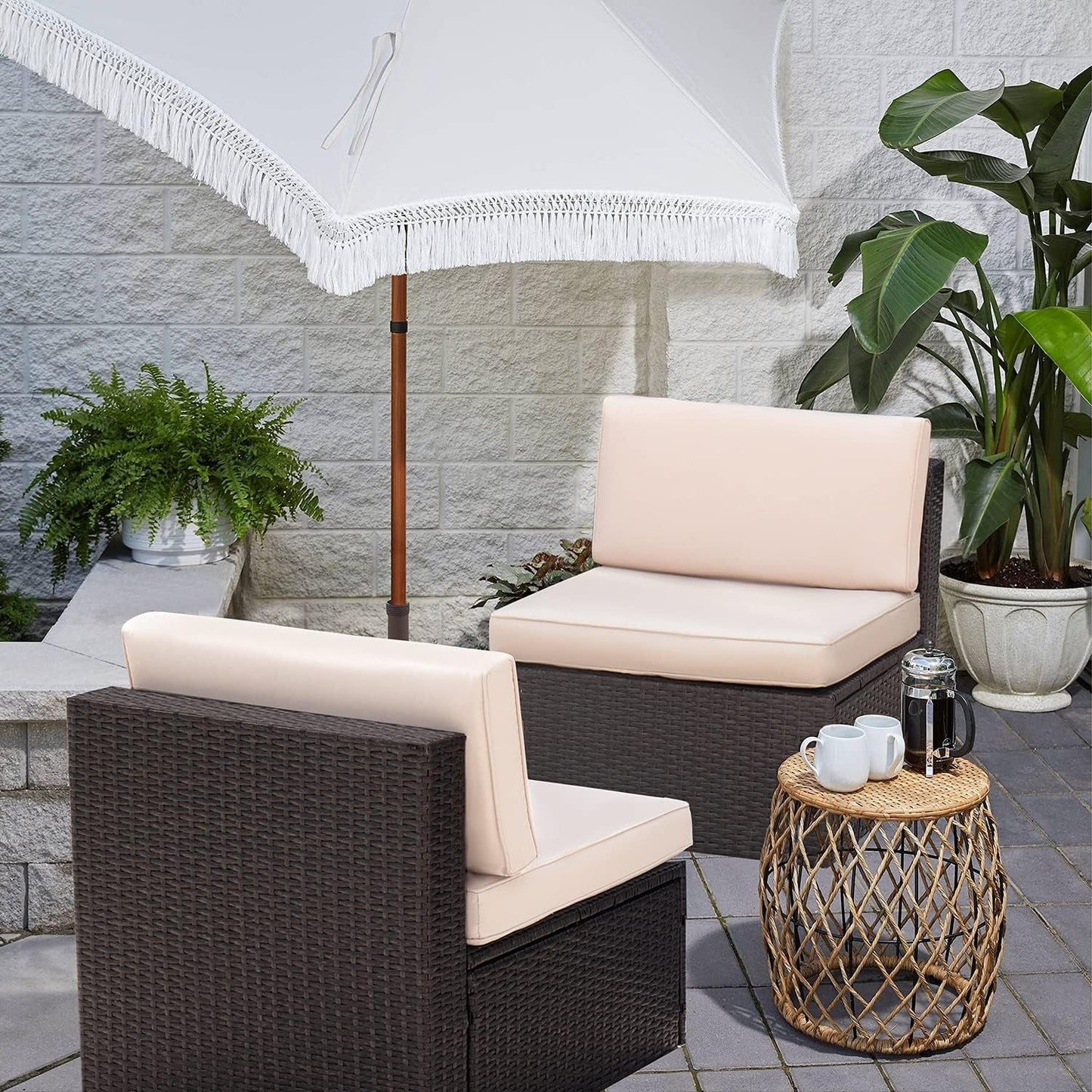2 Pieces Patio Furniture Sets All-Weather Outdoor Sectional Armless Sofa (Beige)